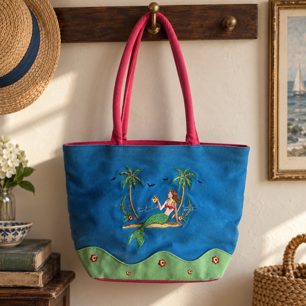 Kulanui Hawaii Mermaid Embroidered Canvas Tote